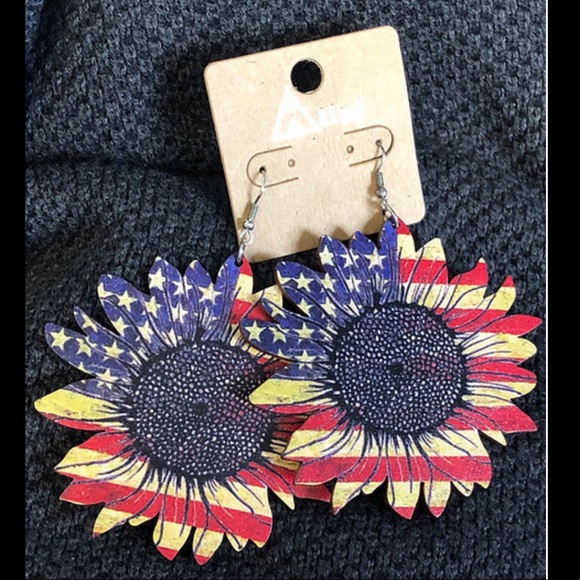 Jewelry - Distressed Flag Sunflower Wood Earrings